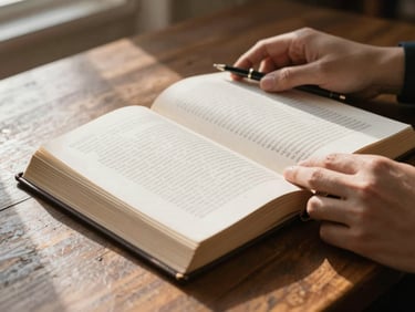Close detail shot of hands turning pages of a thick legal code on a worn wooden desk, natural window light from the left casting a soft shadow across the open book, a pen resting on the margin, no faces visible