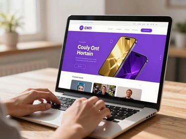 Écran d'ordinateur portable affichant un site web moderne, mains d'entrepreneur tapant sur le clavier, lumière naturelle chaude, reflets violets et dorés.
