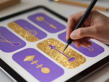 Mains d'un designer utilisant une tablette avec Canva, créant des visuels vibrants, couleurs violettes et dorées, faible profondeur de champ.