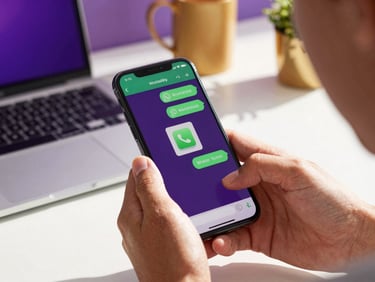 Gros plan sur un smartphone affichant une conversation WhatsApp Business active, mains tenant le téléphone, environnement de bureau moderne, lumière du soleil tropicale.