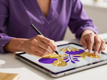 Mains d'une designer africaine travaillant sur une tablette avec Canva, créant des visuels vibrants avec des accents violet et or, lumière douce et professionnelle, shallow depth of field.