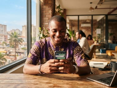 Entrepreneur africain souriant utilisant un smartphone avec WhatsApp Business actif, dans un espace de coworking lumineux et moderne à Abidjan, lumière naturelle chaude, couleurs violettes et dorées, faible profondeur de champ.
