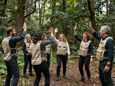 A group of corporate colleagues laughing and high-fiving in a forest clearing, wearing light tactical vests, natural overcast daylight, team building atmosphere.
