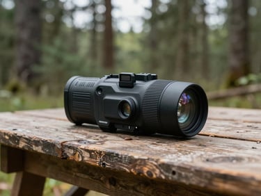 Close-up of high-tech tactical infrared laser tag equipment resting on a rustic wooden table in a forest setting, overcast daylight