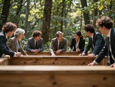 Dynamic outdoor action shot of corporate teammates communicating behind wooden obstacles, natural forest light, shallow depth of field