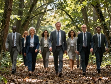 Low-angle heroic perspective of a group of diverse professionals smiling and walking together in a sunlit woodland clearing