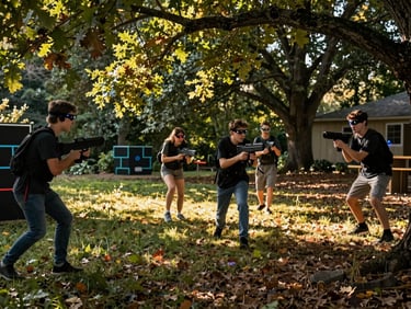 Excited teenagers wearing tactical sensors playing laser game in a wooded backyard, natural golden hour light filtering through oak leaves.