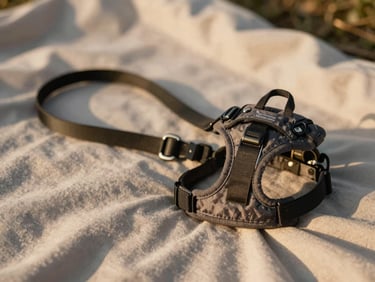 A sturdy, comfortable dog harness and leash laid on a soft blanket, warm editorial photography, natural light, shallow depth of field