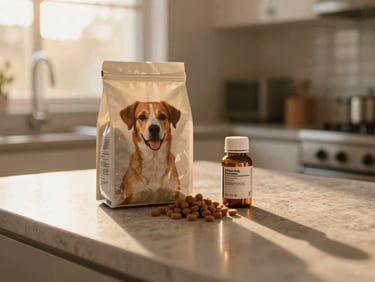 A small bag of dog food and a labeled medicine bottle on a kitchen counter, golden-hour light, warm editorial photography, shallow depth of field
