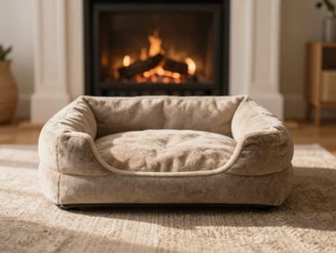 A cozy dog bed on a living room rug next to a fireplace, empty, inviting, warm editorial photography, natural light, shallow depth of field