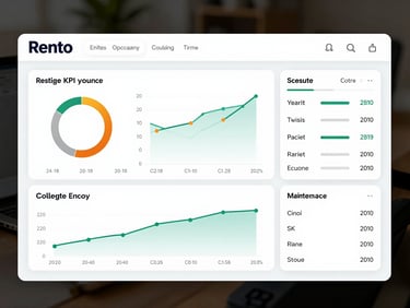 Straight-on, high-fidelity UI screenshot of the Rento KPI dashboard showing real-time occupancy metrics, collection performance charts, and active maintenance tickets in a clean slate-gray interface.