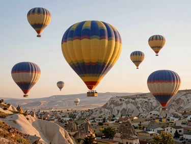 Breathtaking hot air balloons floating over the fairy chimneys of Cappadocia, Turkey, at sunrise, soft golden light