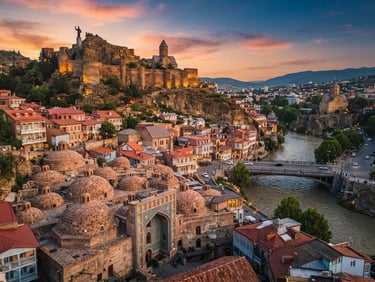 Wide environmental landscape of Tbilisi, Georgia at sunset, warm golden light hitting the historic sulfur baths and Narikala Fortress, rich saturated tones.