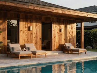 Architectural detail of Salt Water Resorts, luxury pool villa with natural wood elements, golden hour soft light, shallow depth of field.