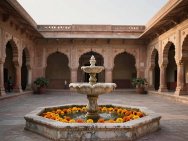 An elegant heritage courtyard in Jaipur, symmetrical stone carvings, a central marble fountain with floating marigolds, soft morning light.
