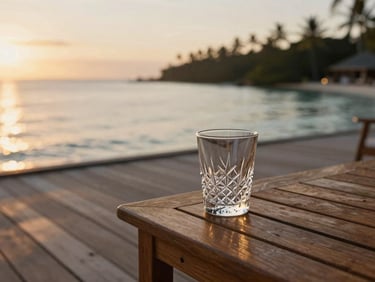 A private wooden deck overlooking a calm tropical bay at sunset, a single crystal glass on a teak table, soft golden light, shallow depth of field.