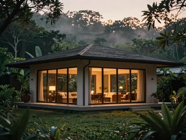 A luxury safari villa nestled in deep green foliage, warm interior lights glowing through large glass windows, dusk, misty forest background.