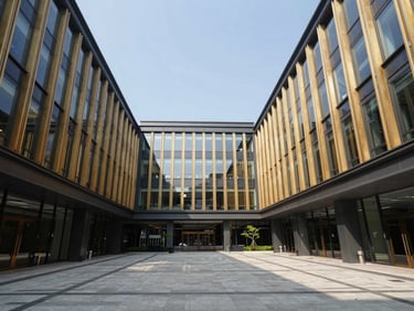 Wide-angle architectural daylight shot of a modern corporate headquarters courtyard, clean geometric lines, professional atmosphere