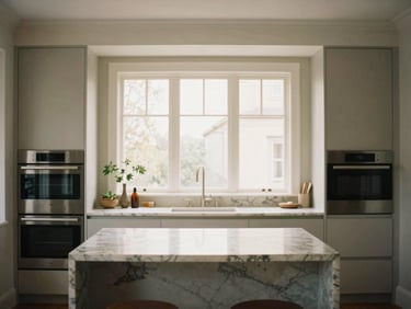 Straight-on architectural photography of a luxury kitchen with integrated appliances, marble island, soft window light.