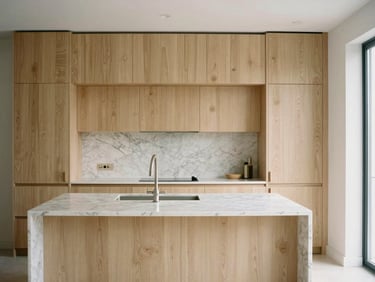 Straight-on architectural view, soft north-facing daylight, minimalist luxury kitchen with warm cream oak millwork and seamless marble countertop, 35mm film style.