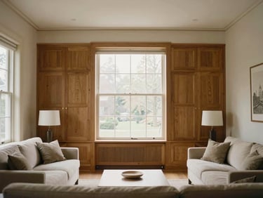 Straight-on architectural photograph of a renovated heritage living room in Vancouver, warm cream walls, custom oak millwork, soft diffused daylight.