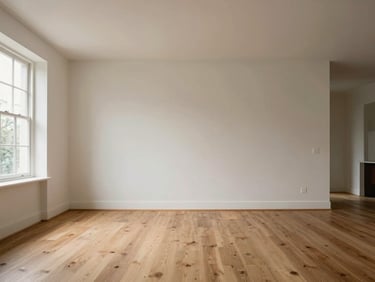 Wide environmental shot of a restored heritage home living area, clean minimalist lines, soft daylight, warm oak flooring.