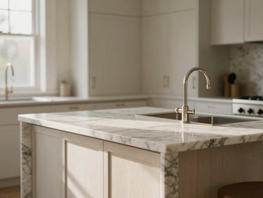 Close-up architectural shot of a luxury kitchen, marble kitchen island with seamless veining, integrated white oak cabinetry, warm morning light.