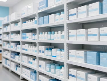Bright high-key commercial photography of a modern, clean B2B distribution warehouse with organized shelves and packaged health and beauty products, soft blue accents.
