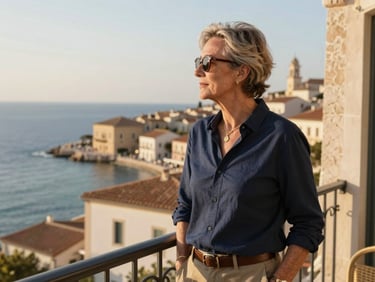 Elegant mature traveler looking out over a historic European coastal town from a private balcony, ocean breeze, soft lighting