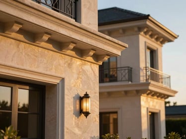 Close-up of elegant architectural details of a luxury villa terrace at sunset, golden light reflecting on stone walls, shallow depth of field