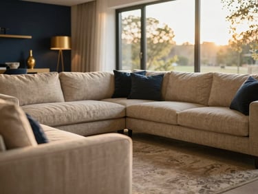 A spacious modern living room with sand-colored linen sofas, warm golden-hour light streaming through large windows