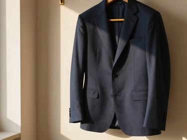 Tailored navy blue suit hanging in a sun-drenched minimalist dressing room, warm golden sunlight, luxury lifestyle