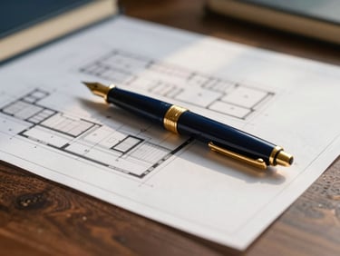 Close-up of architectural blueprints and a gold fountain pen on a dark wooden desk, soft natural light