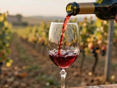 Close-up of red wine being poured into a crystal glass in a sun-drenched Italian vineyard, golden-hour light, shallow depth of field