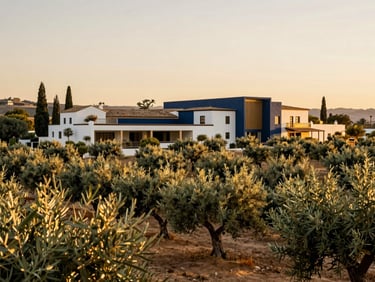 Panoramic view of a sun-drenched Spanish olive grove and historic hacienda, modern architectural details, warm golden hour