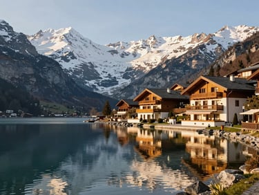 Majestic snow-capped Swiss Alps reflecting in a crystal-clear mountain lake, luxury wellness resort on the shore, warm afternoon light