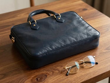 An elegant leather briefcase and gold-rimmed glasses resting on a polished walnut table, warm side lighting