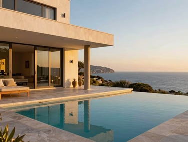 Modern architectural villa with a swimming pool overlooking the Mediterranean sea at golden hour, warm light, high contrast