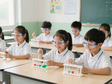 Young elementary students wearing safety goggles smiling during a simple science experiment in a bright, clean school laboratory.