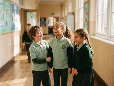 Bright natural daylight photo of happy elementary school children laughing together in a sunlit hallway, soft green uniforms, shallow depth of field, 35mm