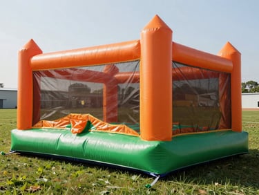 Clean, bright orange and green commercial bounce house inflated on a green field under bright morning daylight