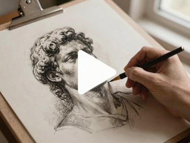 Overhead shot of an artist hand drawing a classical charcoal portrait, subtle play icon overlay, warm studio lighting
