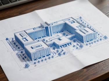 Wide-angle architectural blueprint of a modern corporate facility layout, clean blue lines on white paper, diffused daylight with sharp shadows.