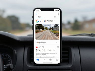 Vertical phone screen displaying a contractor's Google Business Profile post showing a completed driveway job, phone resting on truck dashboard, overcast outdoor light