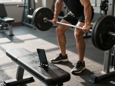 Square crop of a gym floor showing a member mid-rep, phone propped on a bench recording a reel, fluorescent gym lighting casting hard shadows on equipment