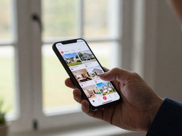 Close vertical shot of a realtor's hand scrolling through an Instagram carousel of a home listing on a phone, bright open-house window light behind the screen