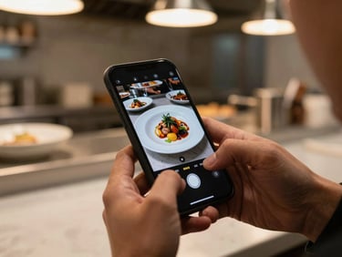 Close-up vertical shot of a restaurant owner's hands holding a smartphone showing a reel thumbnail of plated food, warm kitchen light, counter in background