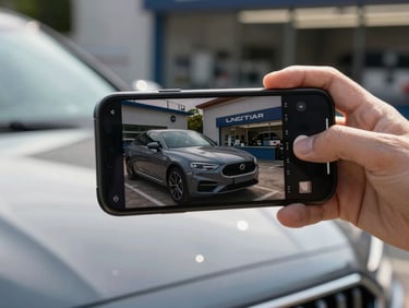 Vertical phone screen showing an AI-generated promotional video frame for a local auto detailing shop, phone held over a freshly detailed car hood, outdoor midday sun