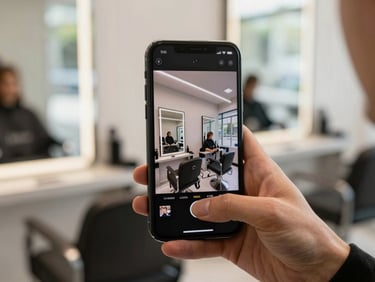 Vertical phone screen showing a before-and-after carousel post for a salon, phone held by a stylist at a station, natural daylight from salon window