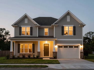 Front of a newly built four-bedroom home in Bentonville Arkansas at dusk, porch light on, natural fading sky above, landscaped front yard, no people, warm neutral facade